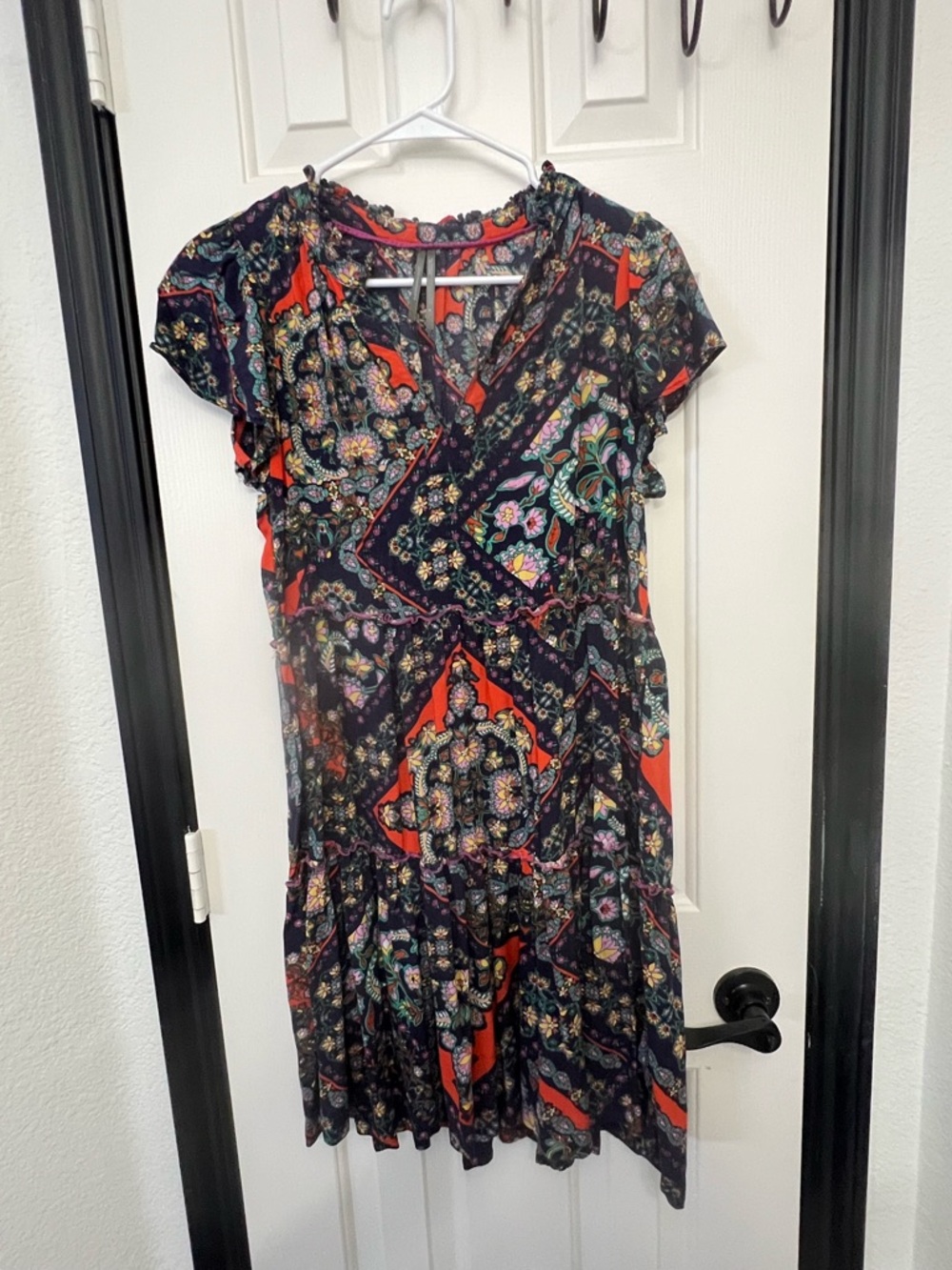 Anthropologie Teal Floral Short-Sleeve V-Neck Mini Dress Size SMALL